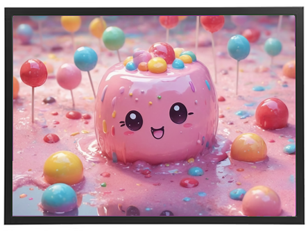 Et glad, pink dessert med ansigt svømmer i en sød, farverig sauce omgivet af slik.