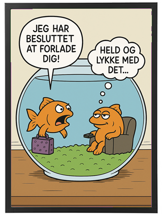 To fisk i et akvarium, hvor den ene fisk meddeler, at den vil forlade den anden, mens den anden ser ligeglad ud.