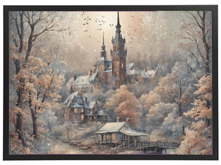 En malerisk skildring af et slot omgivet af efterårsfarver og tåge.