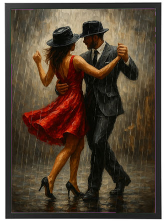 Et par danser romantisk i regnen, iført elegante hatte og festtøj, mens dråberne falder omkring dem.