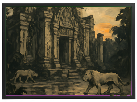 Et maleri af to løver, der går foran en gammel tempelruin i skumringen.
