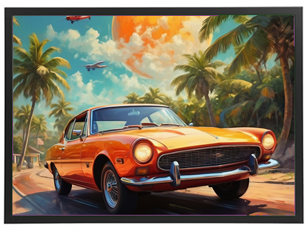 En farverig retro bil parkeret på en solrig vej omgivet af palmer og en dramatisk himmel.