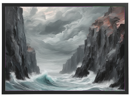 Et malerisk billede af et stormfuldt havlandskab med høje klipper og mørke skyer.