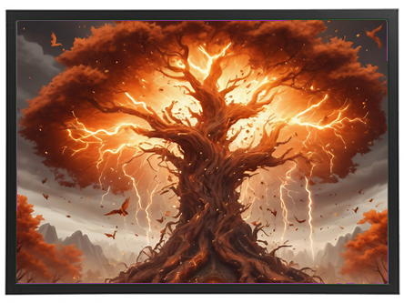 Et majestætisk træ oplyst af lyn og omgivet af en dramatisk himmel og efterårsfarver.