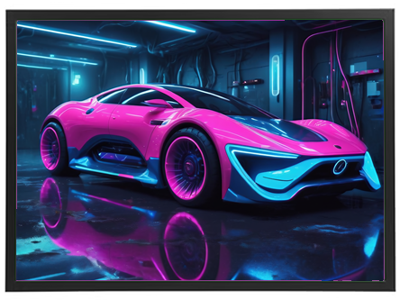 En moderne bil med en iøjnefaldende pink og blå farvekombination i et futuristisk miljø.