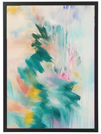 Et abstrakt maleri med en blanding af blå, grønne og pastelfarver, der skaber en drømmende atmosfære.