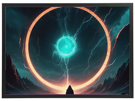 En dramatisk scene med en mystisk portal og en skikkelse, der står i forundring.