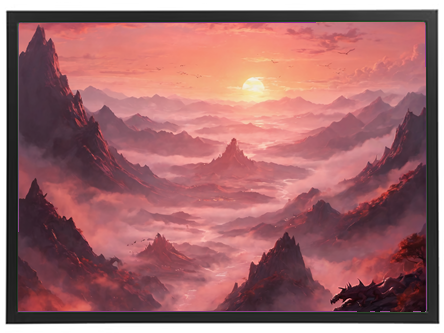 Et betagende landskab med bjerge og en smuk solnedgang, der kaster varme farver over dalene.