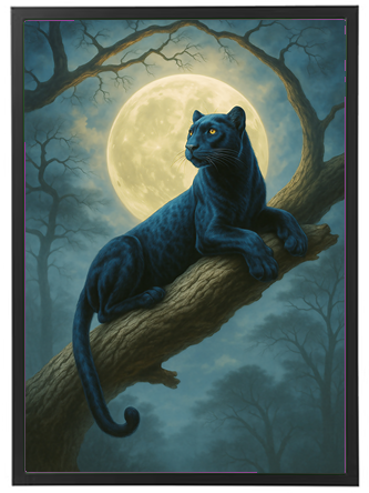 En blå panter sidder majestætisk på en gren med en stor fuldmåne i baggrunden.
