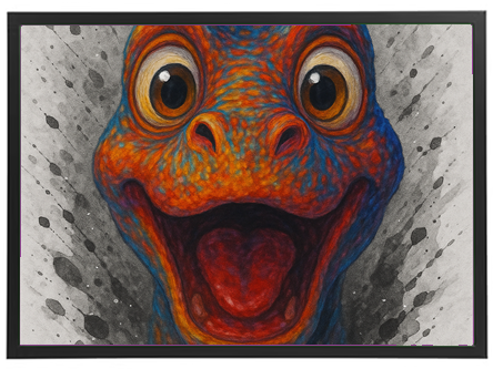 Et livligt og farverigt billede af en dinosaur med store øjne og et bredt smil.