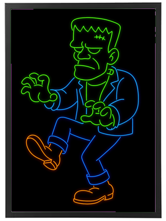 En neonlignende illustration af en Frankenstein-figur i bevægelse.