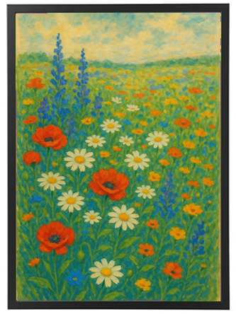 Et maleri af en blomstereng fyldt med røde valmuer, hvide margueritter og blå blomster under en lys himmel.