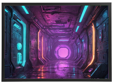 En futuristisk korridor med farverig neonbelysning, der skaber en sci-fi atmosfære.