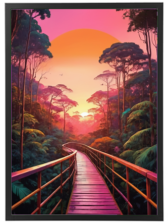 En farverig sti af træ, der snor sig gennem en frodig skov under en dramatisk solnedgang.