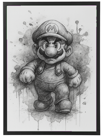 En sort-hvid skitse af en karakter med hat og overalls, omgivet af blækpletter.