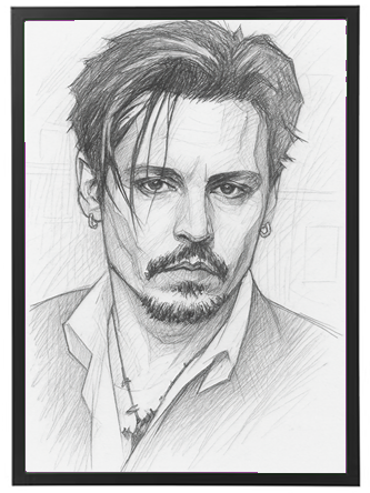 Et detaljeret blyantsketch af en mand med en unik frisure og stilfuldt tøj.