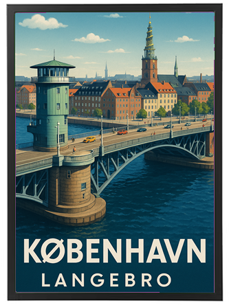 Illustration af Langebro i København med byens skyline i baggrunden.