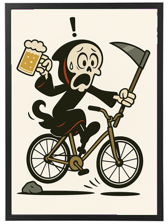 En humoristisk illustration af en skeletfigur, der cykler og holder en øl, mens han ser forskrækket ud.