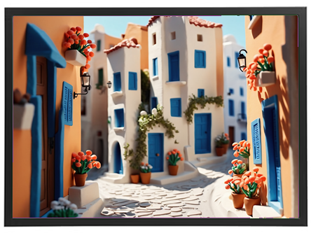 En livlig gade med hvidkalkede huse, blå døre og blomsterkrukker, der skaber en charmerende atmosfære.