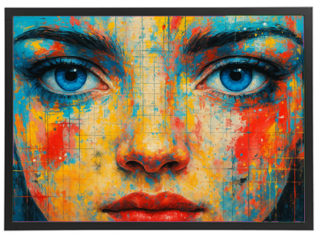 Et nærbillede af et ansigt med intense blå øjne og farverige maleriske detaljer.