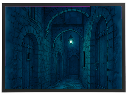 En skitse af en mørk gade med buede arkader og en hængende lampe.