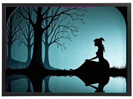 En silhuet af en kvinde i en kjole, der sidder ved en sø omgivet af træer i skumringen.