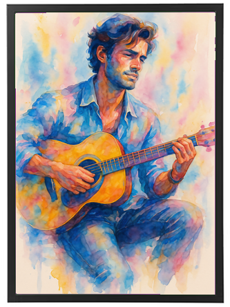Akvarelmaleri af en mand, der spiller guitar, omgivet af farverige nuancer.