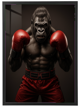 En muskuløs gorilla iført boksehandsker og shorts, klar til at kæmpe.