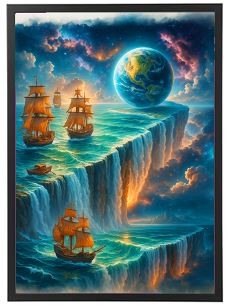 Billedet viser skibe sejlende på en klippe med en vandfald, der fører til rummet.