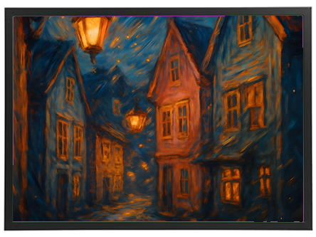 Et maleri af en stille gade om natten, oplyst af varme lanterner og farverige bygninger.