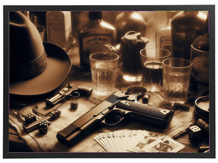 Et stillestående billede af en bar med en pistol, kort og flasker, der skaber en nostalgisk stemning.