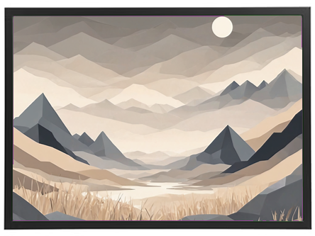 Et stiliseret bjerglandskab med geometriske former og bløde farver.