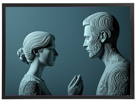 En detaljeret skulptur af en mand og en kvinde, der står overfor hinanden, med fokus på deres ansigtstræk og udtryk.