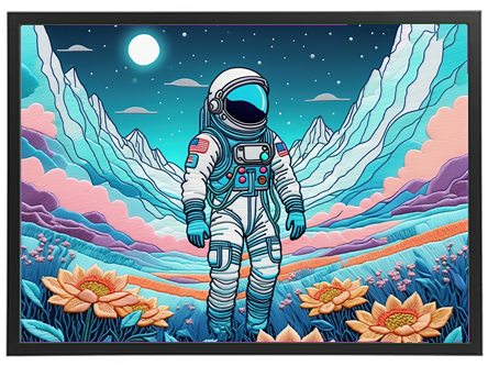 Et farverigt billede af en astronaut, der står i en surrealistisk landskab med blomster.
