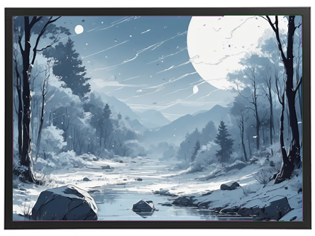 Et smukt vinterlandskab med sneklædte træer og en lysende måne, der reflekteres i en stille elv.