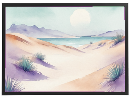 Et smukt akvarelmaleri af en ørken med bjerge og hav i baggrunden.