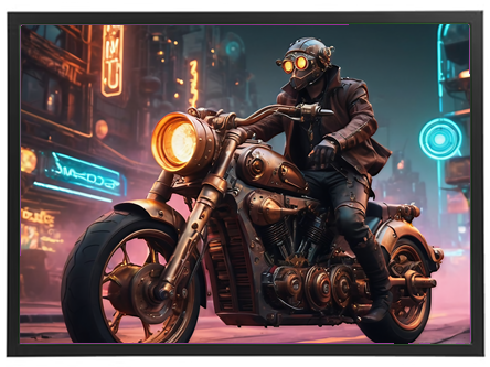 En motorcykelrytter iført steampunk-inspireret udstyr kører gennem en neonbelyst by.