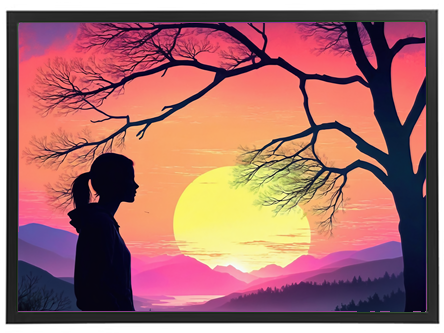 En silhuet af en person står foran en farverig solnedgang med bjerge i baggrunden.