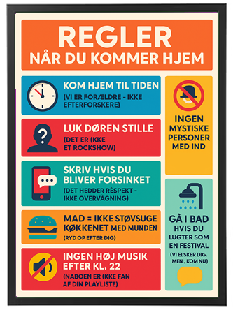 En infografik med regler for, hvordan man opfører sig, når man kommer hjem.
