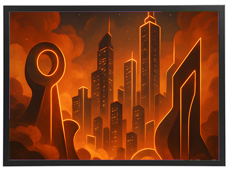 Et dramatisk bylandskab med høje skyskrabere oplyst af orange lys, omgivet af skyer.