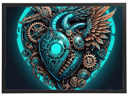 Et detaljeret steampunk-inspireret design med et hjerte, gear og vinger i metalliske farver.