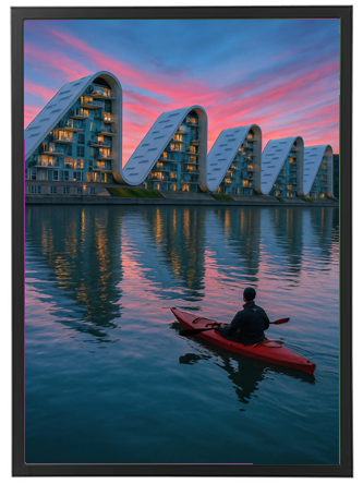 En person padler i en rød kano foran moderne bygninger ved vandet under en farverig solnedgang.