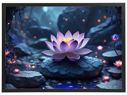 Et smukt billede af en lotusblomst, der blomstrer på en sten i et mystisk, døsigt miljø.