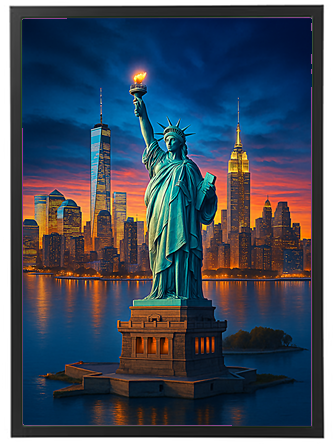 Et billede af Frihedsgudinden med New Yorks skyline i baggrunden ved solnedgang.