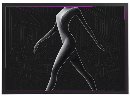 Et stiliseret billede af en slank silhuet, der går gennem en byscene med mennesker og caféer.