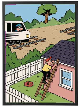 En mand klatrer op ad en stige for at arbejde på taget af et hus, mens et tog passerer i baggrunden.