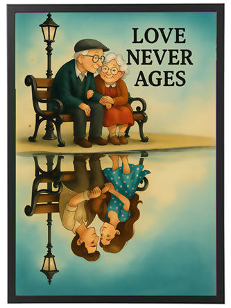 Et hjertevarmt billede af et gammelt par, der deler et øjeblik på en bænk, med refleksioner af deres yngre selv.