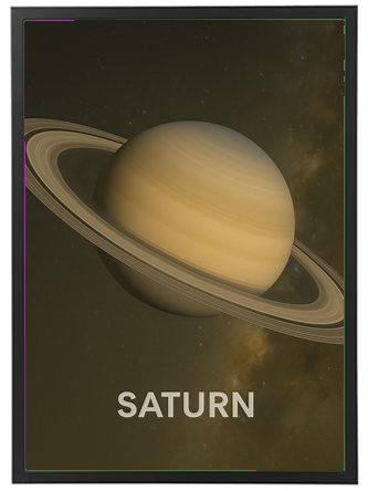 Billedet viser planeten Saturn med sine karakteristiske ringe og en stjerneklar baggrund.