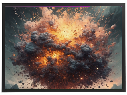 Billedet viser en imponerende eksplosion med ild, røg og gnister, der skaber en dramatisk scene.