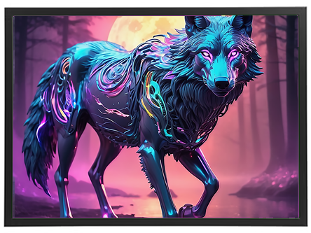 Et farverigt og futuristisk billede af en ulv, der stråler med neonfarver i en skov.